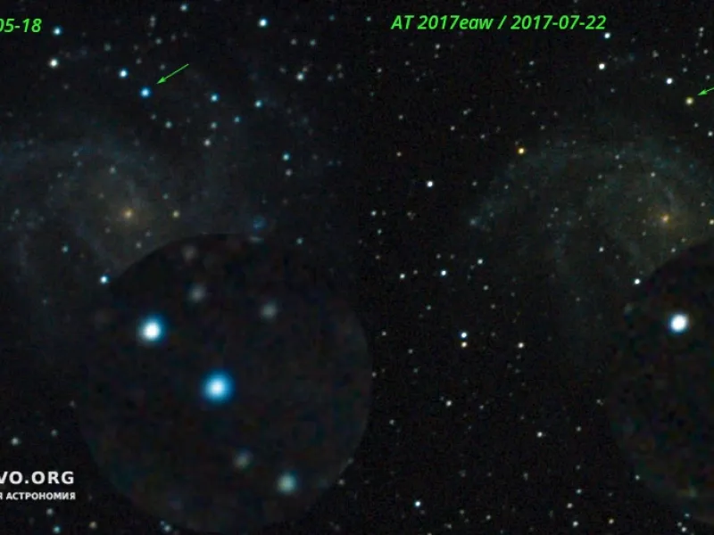 Сверхновая в галактике «Фейерверк» (NGC 6946) изменила цвет